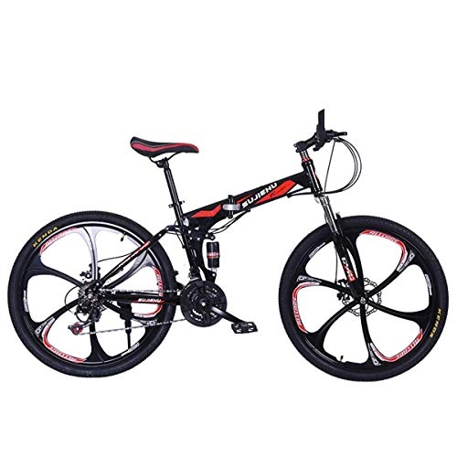 Folding Bike : Mountain Bike, 26 Inch Folding bike with Sturdy Steel 6 Spokes Integrated Wheel, Premium Full Suspension and Shimano 24 Speed Gear, 7, 26