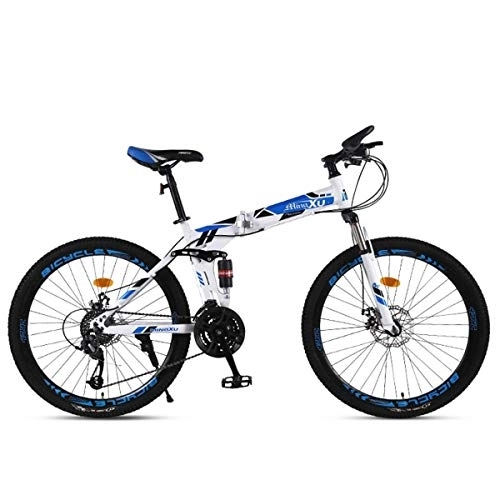 Folding Bike : Mountain Bike Child Bicycles 21 / 24 / 27 Speed Steel Frame 27.5 Inches 3-Spoke Wheels Dual Suspension Folding Bike, Blue, 24speed