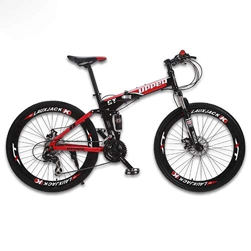 Folding Bike : Mountain Bike Fold Bicycle Cycling Full Suspension System Steel Folding Frame 24 Speed Disc Brakes (Black red)