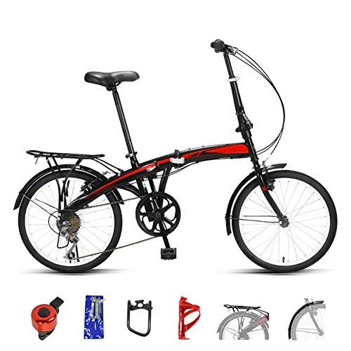 Folding Bike : Mountain Bike Folding Bikes, 7-Speed Double Disc Brake Full Suspension Bicycle, 20 Inch Off-Road Variable Speed Bikes for Men And Women (Color : Black Red)