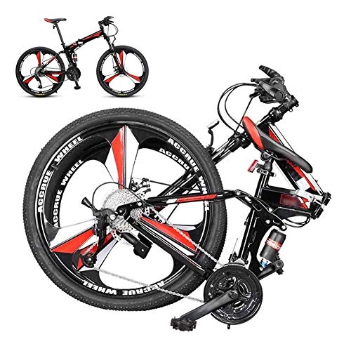 Folding Bike : Mountain Bike Folding Bikes, Double Disc Brake, 27-Speed Double Disc Brake Full Suspension Bicycle, 26 Inch Off-Road Variable Speed Bikes for Men And Women / Red