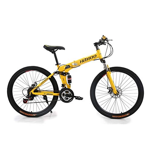 Folding Bike : Mountain Bike Folding Bikes with High Carbon Steel Frame, 26Inch 30 Spoke Wheels Double Disc Brake And Dual Suspension Anti-Slip Bicycles, Yellow, 21 speed