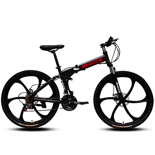 Folding Bike : Mountain Bike Folding Bikes with High Carbon Steel Frame, 6 Spoke Wheels And 21 Speed, Double Disc Brake And Dual Suspension Anti-Slip Bicycles, 3Colour Option, Black