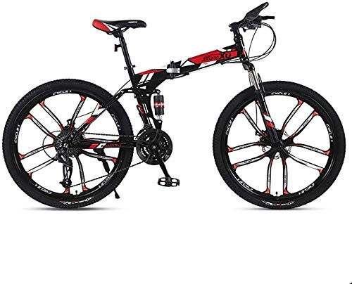 Folding Bike : Mountain Bike For Adult 26 Inches, Shock Absorption Mountain Bicycle, 21 / 24 / 27 Speed High carbon steel Frame 10-Spoke Wheels Suspension Folding Bikes, 27speed-Red