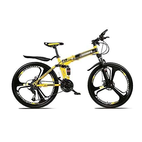 Folding Bike : MQJ 26 Inches Wheel Dual Full Suspension Mens Mountain Bike Folding Carbon Steel Frame 21 / 24 / 27-Speed for Men Woman Adult and Teens / Yellow / 21 Speed