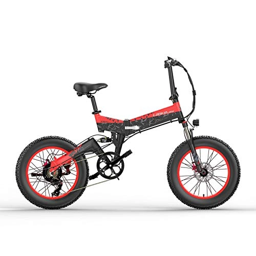 Folding Bike : Nbrand X3000 20 inch Folding Electric Mountain Bike, 4.0 Fat Tire Snow Bike, 48V Lithium Battery, 5 Level Pedal Assist Bicycle (Black Red, 500W 10.4Ah)