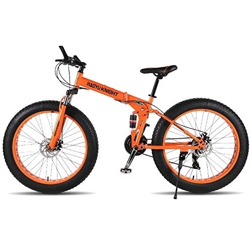 Folding Bike : new mountain double-layer steel bicycle folding frame 24 speeds Shimano mechanical disc brakes 26"x4.0 Fat Bike (Orange, 24 speed)