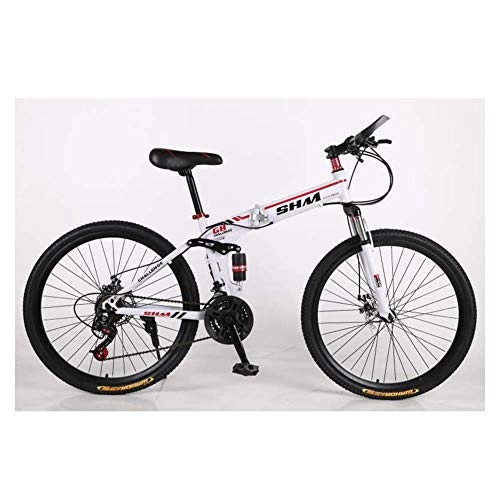 Folding Bike : Outdoor sports Dual Suspension / Disc Brakes 21 Speed Mountain Bike High Carbon Steel Folding Frame, White / Red, 26 Inch