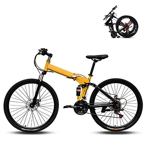 Folding Bike : Ouumeis 24 Inch Folding Mountain Bikes Men Women General Purpose Variable Speed Double Shock Absorption All Terrain Adult Foldable Bicycle High Carbon Steel Frame, Yellow, 24 Speed
