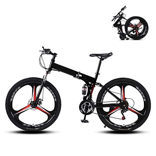 Folding Bike : Ouumeis 24 Inch Folding Mountain Bikes Men Women General Purpose Variable Speed Double Shock Absorption All Terrain Adult Foldable Bicycle Three Cutter Wheels High Carbon Steel Frame, Black, 21 Speed