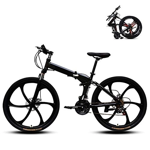 Folding Bike : Ouumeis 26 Inch Folding Mountain Bikes Men Women General Purpose Variable Speed Double Shock Absorption All Terrain Adult Foldable Bicycle Six Cutter Wheels High Carbon Steel Frame, Black, 21 Speed