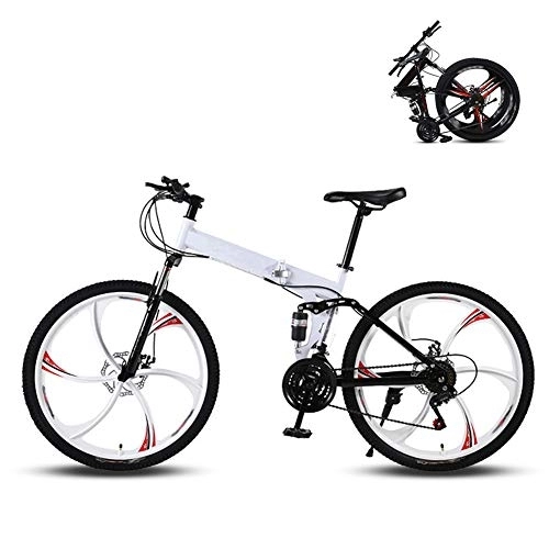 Folding Bike : Ouumeis 26 Inch Folding Mountain Bikes Men Women General Purpose Variable Speed Double Shock Absorption All Terrain Adult Foldable Bicycle Six Cutter Wheels High Carbon Steel Frame, White, 21 Speed