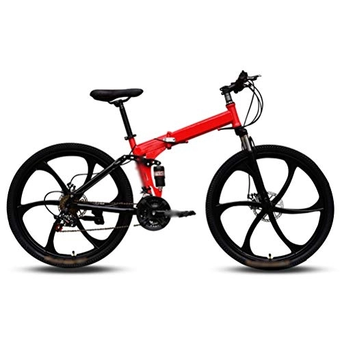 Folding Bike : Ouumeis Mountain Folding Bicycle, Six-Cutter 26-Inch 27-Speed Top with Variable Speed Double Shock Absorber Mountain Folding Bicycle Fast Folding, Easy To Carry, Red