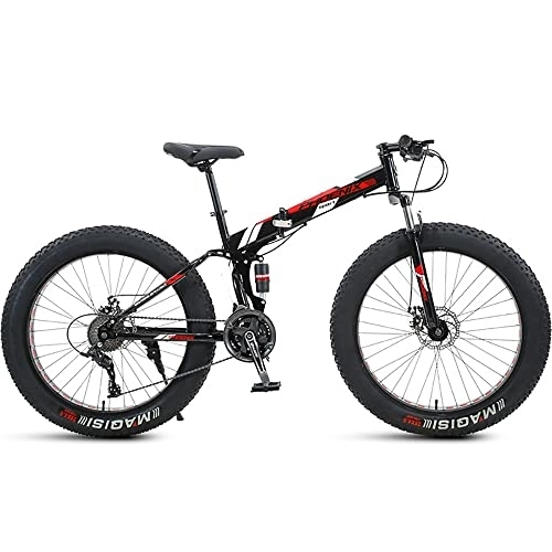 Folding Bike : PY 24 inch Folding Mountain Bike with Full Suspension High Carbon Steel Frame, Mens Fat Tire Mountain Bik with 7 / 21 / 24 / 27 / 30 Speed, Double Disc Brake and 4-Inch Wide Knobby Tires / Black Red / 24Inch 7Spe