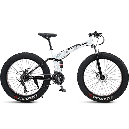 Folding Bike : PY 24 inch Folding Mountain Bike with Full Suspension High Carbon Steel Frame, Mens Fat Tire Mountain BIK with 7 / 21 / 24 / 27 / 30 Speed, Double Disc Brake and 4-Inch Wide Knobby Tires / White / 24Inch 24Speed