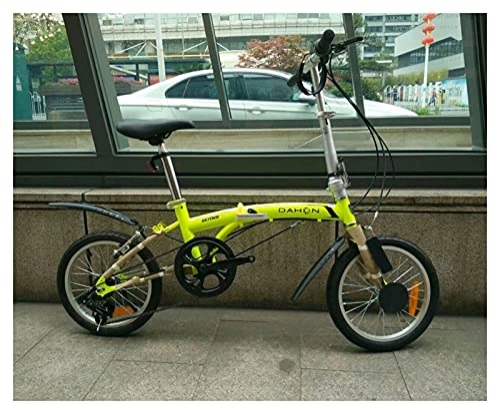 Folding Bike : QEEN Folding Bicycle High Carbon Steel Frame with Fender 16 Inch 3 Speed City Commuting Portable (Color : Fluorescent green)