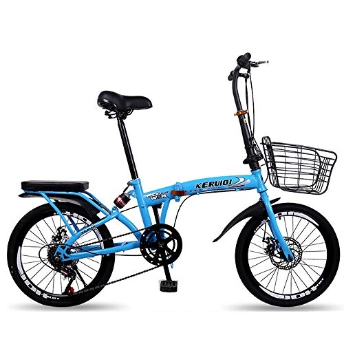 Folding Bike : QIANG Folding City Bike, 20 Inch Lightweight Aluminum Alloy Bicycle For Men And Women，7 Speed Dual Disc Brakes, Carbon Steel Frame Unisex, Front+Rear Mudgard, Blue