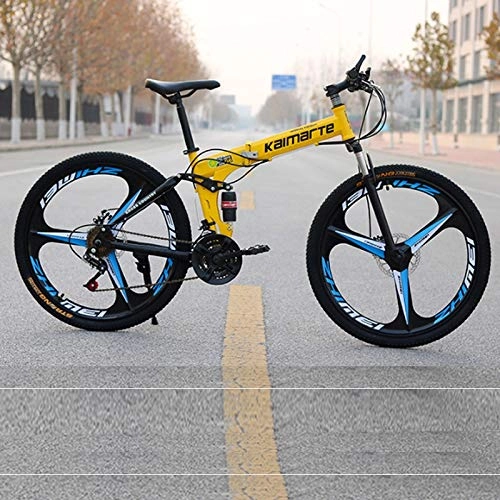 Folding Bike : Qinmo 24 speed mountain bike 24 / 26 inch folding bicycle knife wheel disc brake bikes Male Female adult outdoor travel mountain bicycle (Color : 3knife yellow, Size : 24inch)