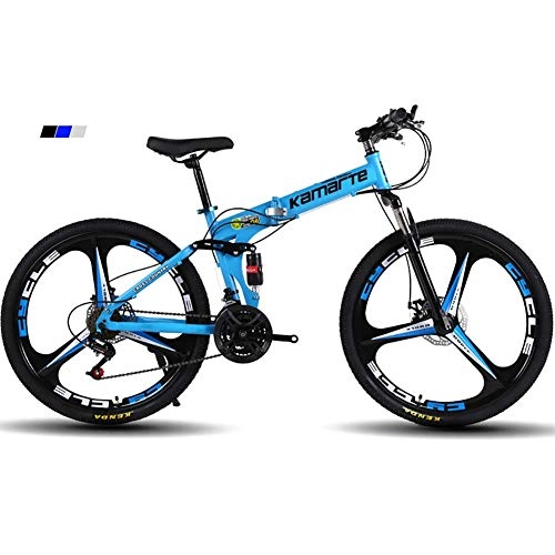 Folding Bike : Qj Mountain Bike, 26" inch 3-Spoke Wheels High-carbon Steel Frame, Dual Suspension with Disc Brakes, Blue, 21Speed