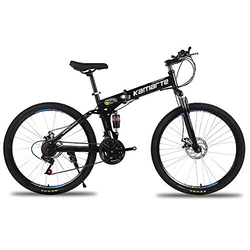 Folding Bike : Qj Mountain Bike Folding Bike 24 Inch High-carbon Steel Frame Double Suspension Disc Brake Folding Bike, Black, 24Speed