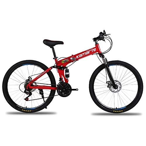 Folding Bike : Qj Mountain Bike Folding Bike 24 Inch High-carbon Steel Frame Double Suspension Disc Brake Folding Bike, Red, 24Speed