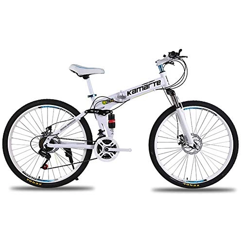 Folding Bike : Qj Mountain Bike Folding Bike 24 Inch High-carbon Steel Frame Double Suspension Disc Brake Folding Bike, White, 21Speed