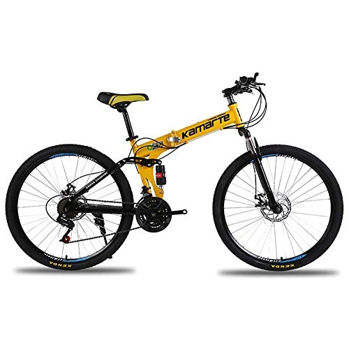 Folding Bike : Qj Mountain Bike Folding Bike 24 Inch High-carbon Steel Frame Double Suspension Disc Brake Folding Bike, Yellow, 21Speed