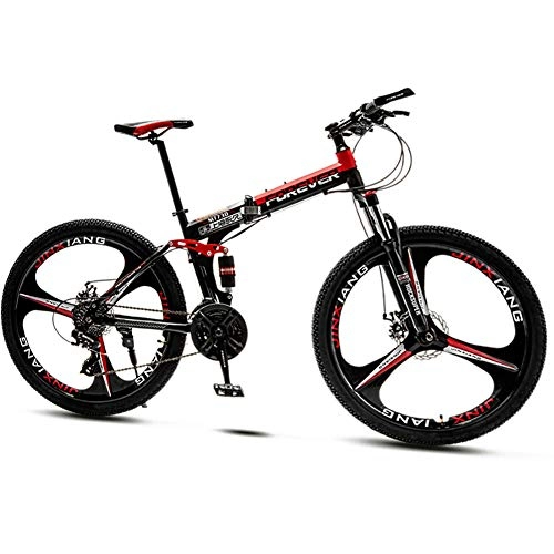 Folding Bike : QMMD 24-Inch Mountain Bikes, Adult Folding Dual-Suspension Mountain Bike, Mens 21-24-27-30-Speed Mountain Trail Bike, Womens Road Anti-Slip Bikes, Bicycle, Red 3 Spoke, 30 speed