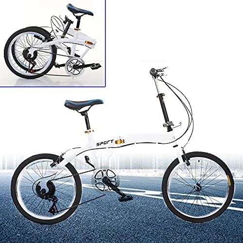 Folding Bike : RainWeel Folding Bike 20 inch for Adults Foldable Bicycle Unisex 7 Gear Speed with Double V Brake (White)