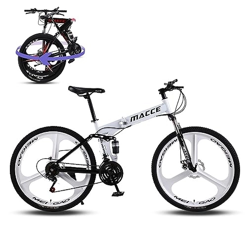 Folding Bike : Rocky Green Folding Mountain Bike for Adult, Dual Suspension High-Carbon Steel MTB Foldable Bicycle, Dual Disc Brake Folding Bikes for Men Women (White, 26" 30 speed)