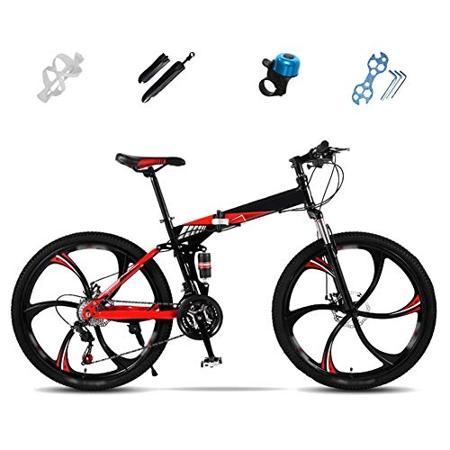 Folding Bike : ROYWY Mountain Bike Folding Bikes, 27-Speed Double Disc Brake Full Suspension Bicycle, 24 Inch, 26 Inch, Off-Road Variable Speed Bikes with Double Disc Brake / Red / 26