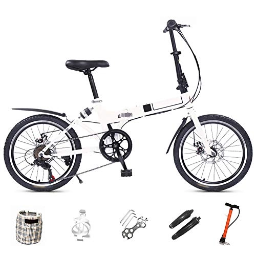 Folding Bike : ROYWY Mountain Bike Folding Bikes, 7-Speed Double Disc Brake Full Suspension Bicycle, 20 Inchn City Commuter Bicycles for Men And Wome / White