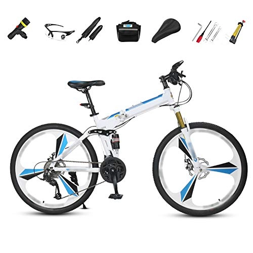 Folding Bike : ROYWY Off-road Mountain Bike, 26-inch Folding Shock-absorbing Bicycle, Male And Female Adult Lady Bike, Foldable Commuter Bike - 27 Speed Gears with Double Disc Brake / Blue