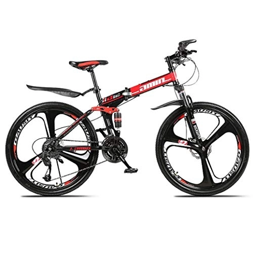 Folding Bike : RPOLY 21-Speed Mountain Bike Folding Bikes, Double Shock Absorption, Adult Folding Bicycle, Off-road Variable Speed Bike with 3-Spoke Wheels, Red_24 Inch