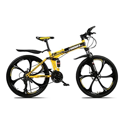 Folding Bike : RPOLY 27-Speed Mountain Bike Folding Bikes, Dual Disc Brake, Adult Folding Bicycle, Off-road Variable Speed Bike with 6-Spoke Wheels, Yellow_24 Inch