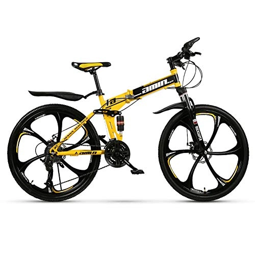Folding Bike : RR-YRL 26-Inch Folding Bike, 30-Speed Mountain Bike, High-Carbon Steel Frame, City Bike, Unisex Off-Road Bike, yellow 30 shift