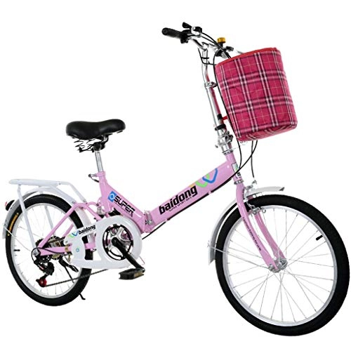 Folding Bike : RUZNBAO foldable bicycle Folding Bicycle Portable Single Speed Bicycle Adult Student City Commuter Freestyle Bicycle with Basket, Pink (Size : Medium Size)