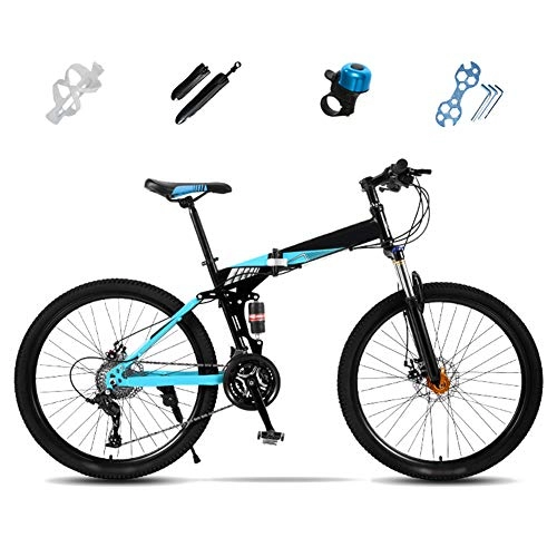 Folding Bike : SHIN Folding Mountain Bike, 27-Speed Full Suspension Bicycle, 24 Inches, 26 Inches, Off-road MTB Bike, Unisex Foldable Commuter Bike, Double Disc Brake / blue / 26