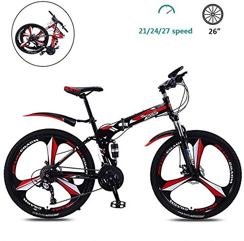 Folding Bike : Shirrwoy 26 Inch Foldable Mountain Bikes, High-carbon Steel Frame, Adult Boys Girls Mountain Trail Bike, Dual Disc Brake Bicycle, Anti-Slip Bikes, 21 / 24 / 27 Speed Folding Bike, Red, 27speed