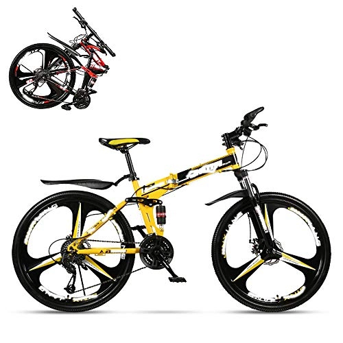 Folding Bike : SUIBIAN Folding Adult Bicycle, 24 Inch Variable Speed Mountain Bike, Double Shock Absorber for Men and Women, Dual Disc Brakes, 21 / 24 / 27 / 30 Speed Optional, Yellow, 21
