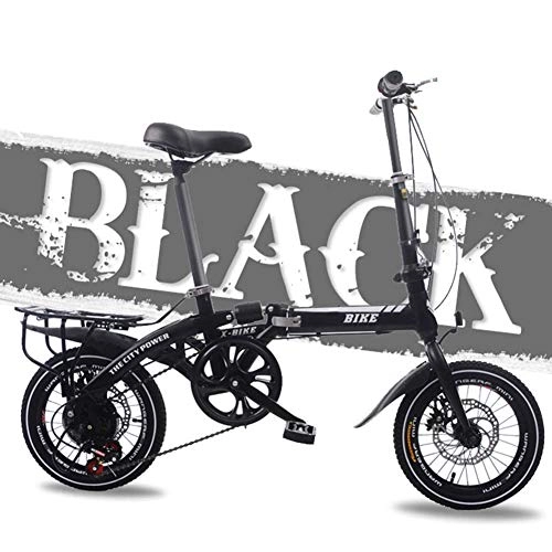 Folding Bike : SYCHONG 16''Variable Speed Foldable Bicycle, Double Disc Brake Folding Bicycle, Small Wheel Portable Student Leisure Bicycle, Black