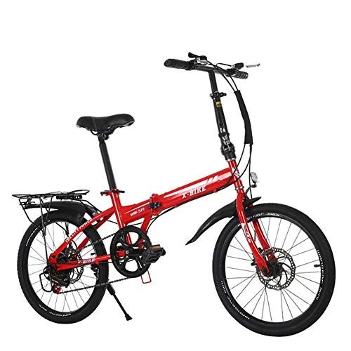 Folding Bike : SYCHONG 20 Inch Speed Folding Bike Adult, Adjustable Seat And Body Height, Front And Rear Disc Brakes, Red
