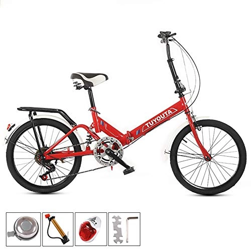 Folding Bike : SYCHONG 20" Variable Speed Foldable Bicycle, Male And Female Students Folding Bicycles, Double Brake Non-Slip, with Rear Seat, Red