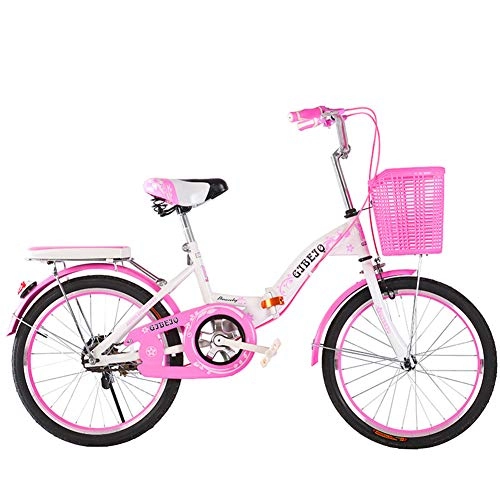 Folding Bike : SYCHONG Children's Folding Bicycle, Single Speed, Girl Stroller with Adjustable Seat, 11-17 Bicycle Aged Student Bicycle, Lightweight, 1Pink, 22inches