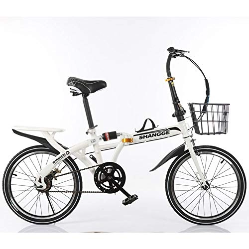 Folding Bike : SYCHONG Folding Bicycle 20Inch, Variable Speed, Shock Absorber Brake, Spoke Wheel, with Basket / Bottle Cage / Rear Pad, Light Portable, Easy Carrying, White