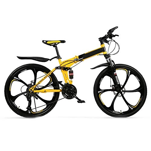 Folding Bike : SYCHONG Folding Mountain Bike Bicycle, 21Speed, High Carbon Steel Frame, Non-Slip, Double Shock, Male And Female Off-Road Racing Bicycle, Yellow, 24inches26inches