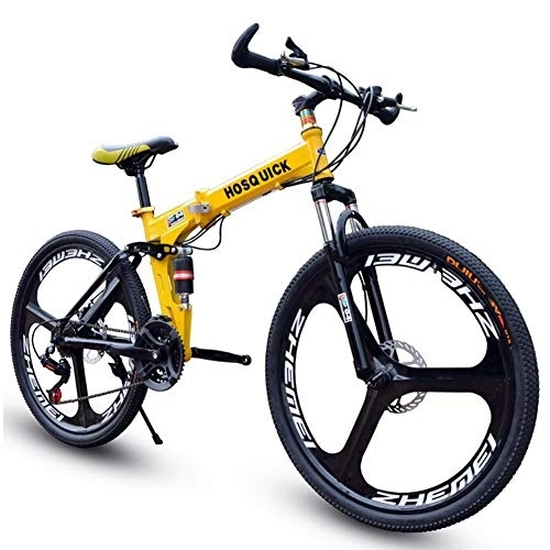 Folding Bike : SYCHONG Mountain Bike Three-Knife Wheel Dual Suspension Folding Bike 30Speed MTB Bicycle, Yellow, 24inches