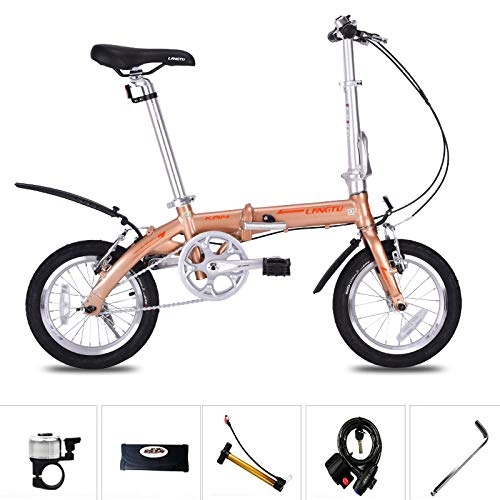 Folding Bike : SYLTL 14in Folding City Bicycle Unisex Adult Go to Work Suitable for Height 135-180 cm Foldable Bike Portable Mini Folding Bike, gold