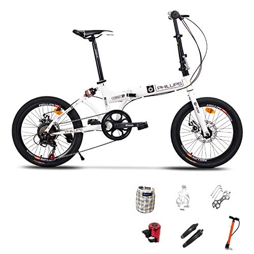 Folding Bike : SYLTL Folding Bike Double Disc Brake Unisex Child Suitable for Height 140-180 cm Damping Portable 20 Inches Foldable Bike, white
