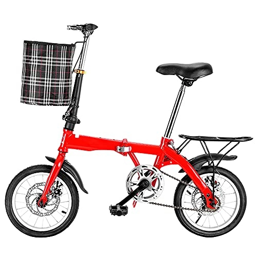 Folding Bike : TANGIST Folding Bike Mountain Bike Variable Speed Adjustable Saddle, Handlebar, Wear-resistant Tires, Thickened High Carbon Steel Frame With Basket, Red Bicycle(Size:14 inches)